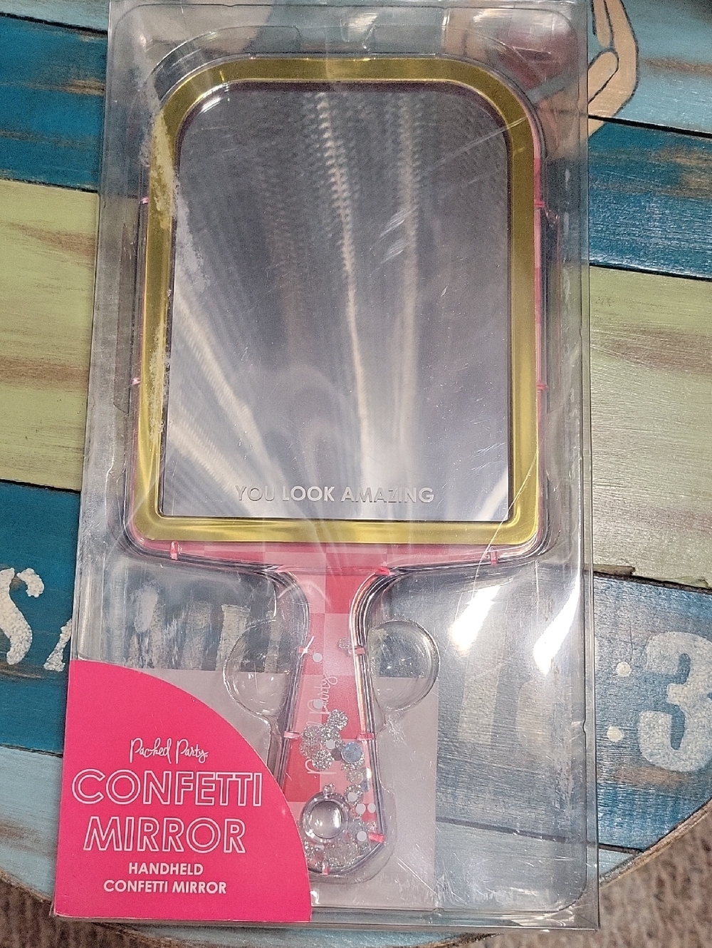 Packed Party Pink Handheld Mirror with Gold Trim